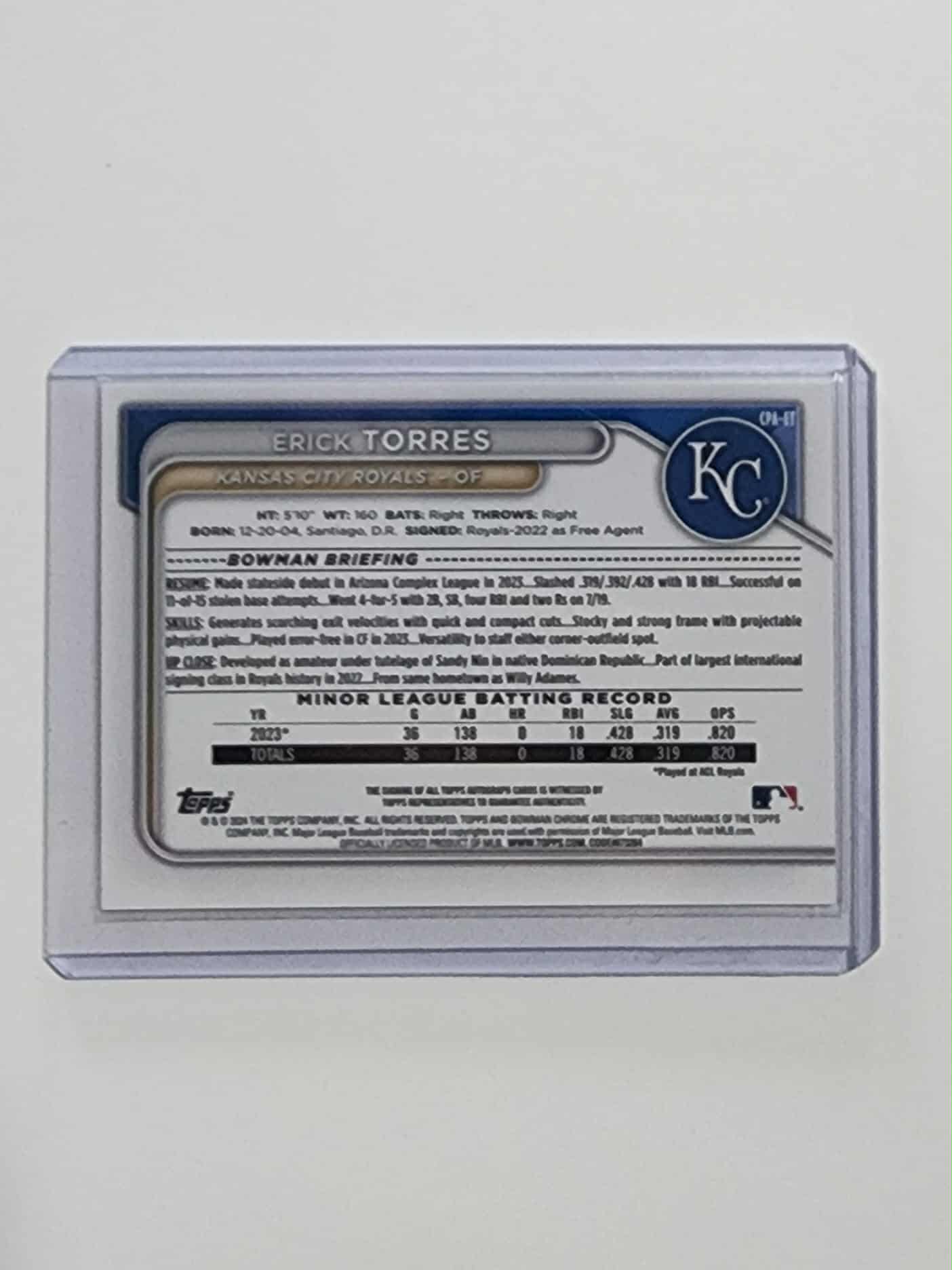 2024 Bowman - Chrome Prospect Autographs Erick Torres #CPA-ET (AU, RC)