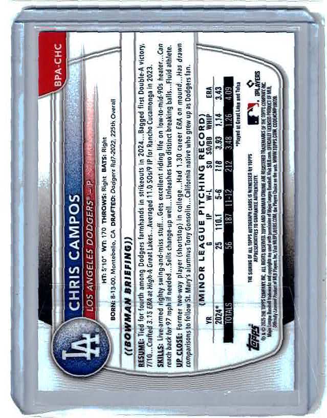 2025 Bowman Chris Campos 114/150 Blue Border 1st Auto #BPA-CHC Dodgers