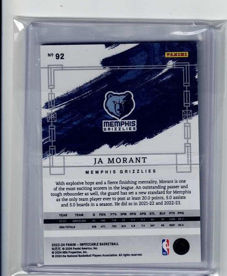 Ja Morant 2023-24 Panini Impeccable International #92 Memphis Grizzlies