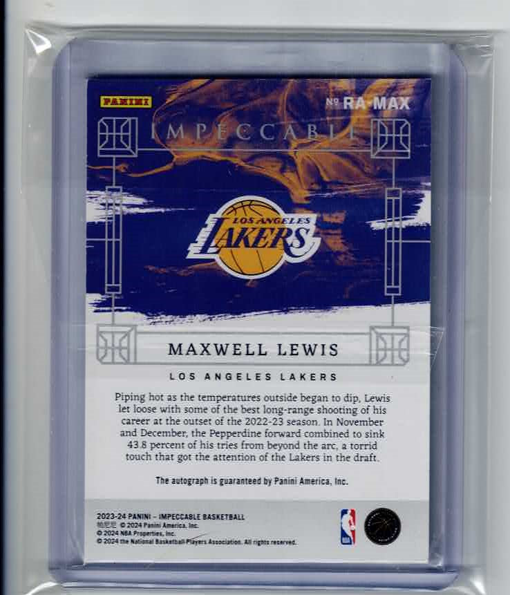 MAXWELL LEWIS 2023-24 IMPECCABLE ROOKIE INTERNATIONAL RC AUTO 36/88