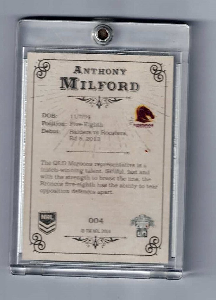 2018 NRL Glory Special Edition Anthony Milford Brisbane Broncos AUTO ON Card