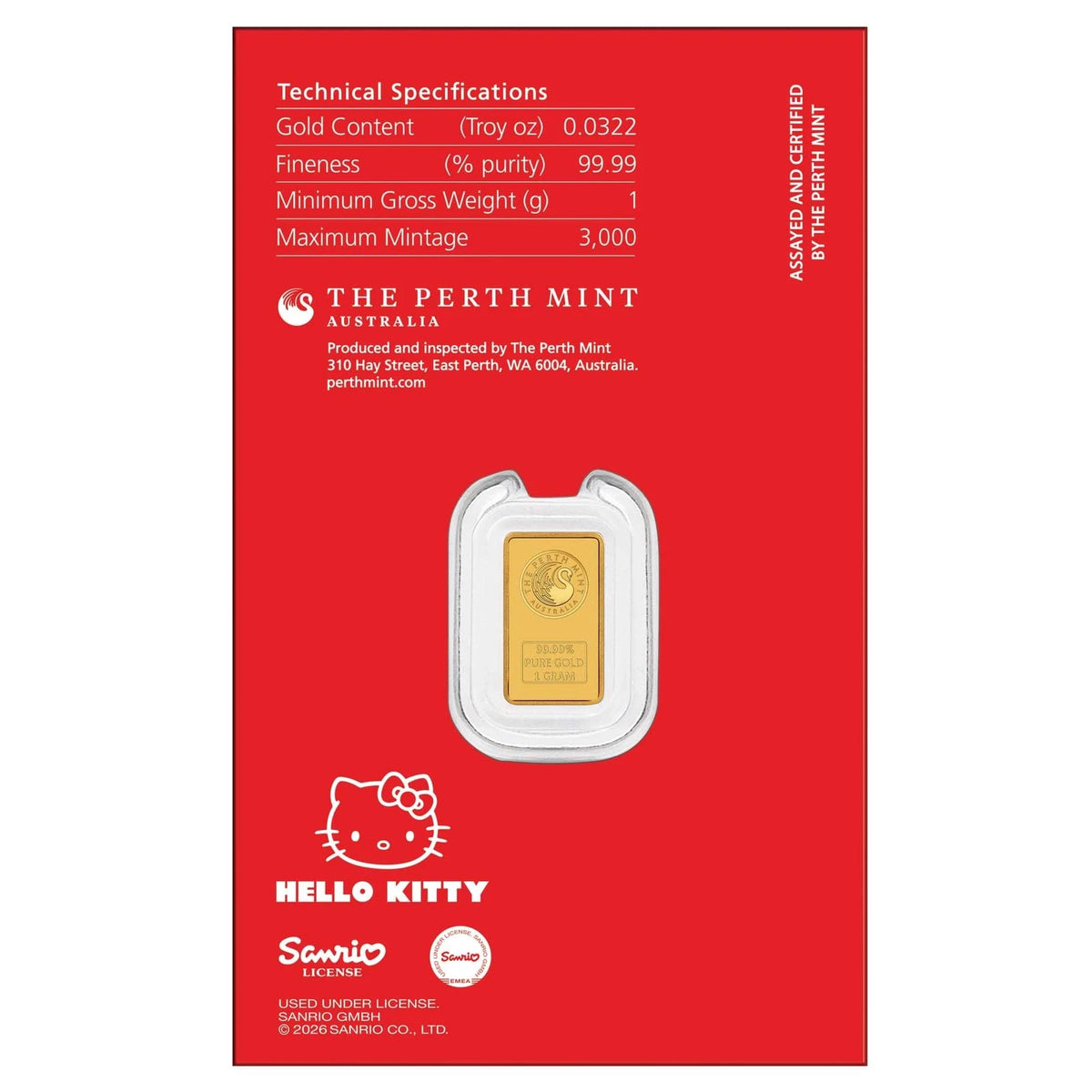 Hello Kitty 1g Gold Minted Bar - Limited Mintage 3000