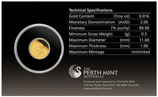 2025 Perth Mint $2 Mini Roo 0.5g Gold Proof Coin in Card