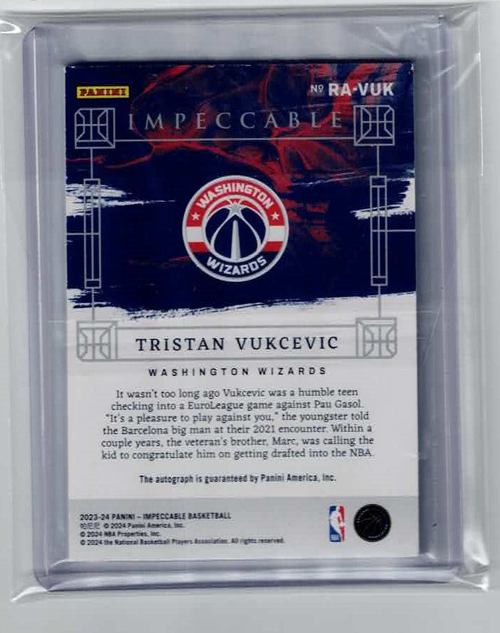 2023-24 Panini Impeccable Tristan Vukcevic Rookie Autograph Wizards RC AUTO 73/88