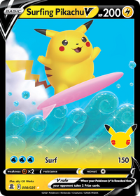 Surfing Pikachu V 008/025 Holo V Rare Celebrations Pokemon Near Mint
