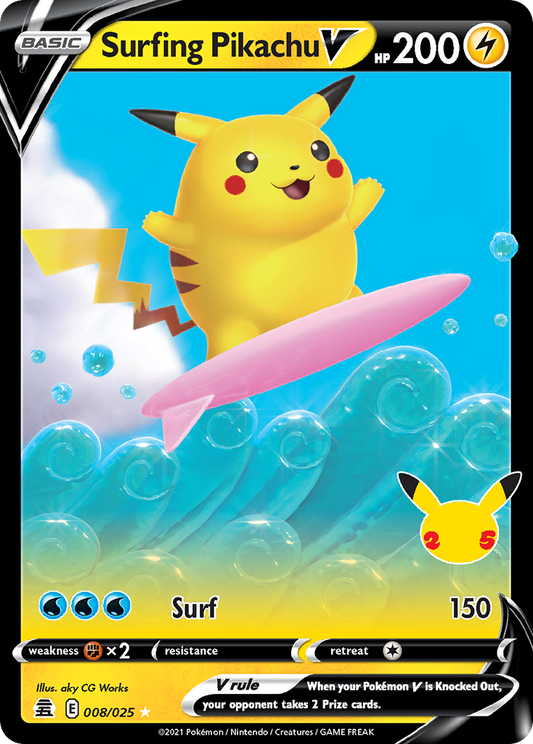 Surfing Pikachu V 008/025 Holo V Rare Celebrations Pokemon Near Mint