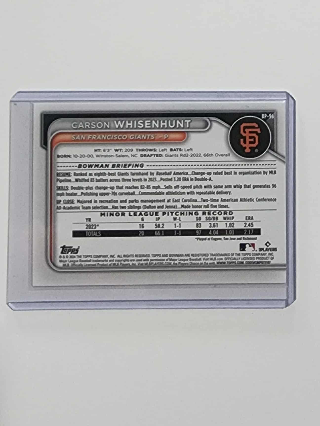 2024 Bowman Prospects Purple Border /250 Carson Whisenhunt #BP-96