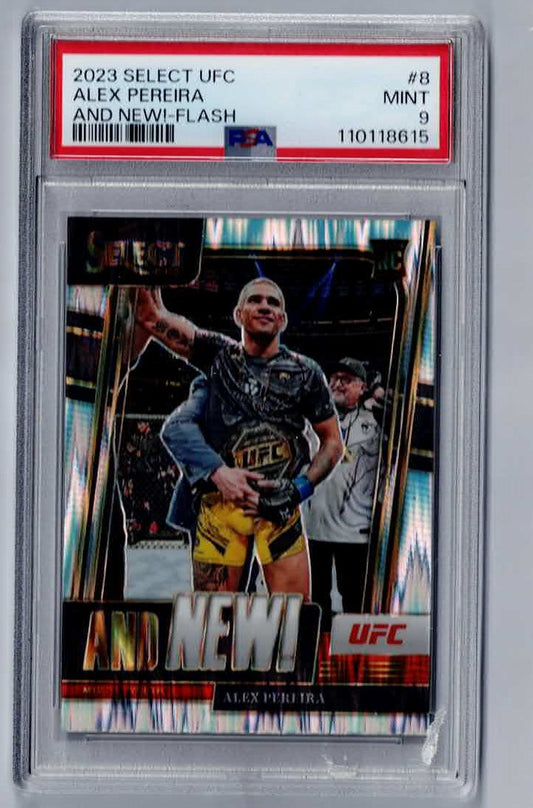 2023 Panini Select UFC - And New! Alex Pereira #8 SILVER FLASH Prizm Rookie PSA 9