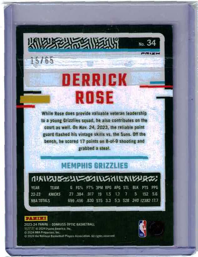 2023-24 Panini Donruss Optic - [Base] - International Green Prizm #34 - Derrick Rose /65