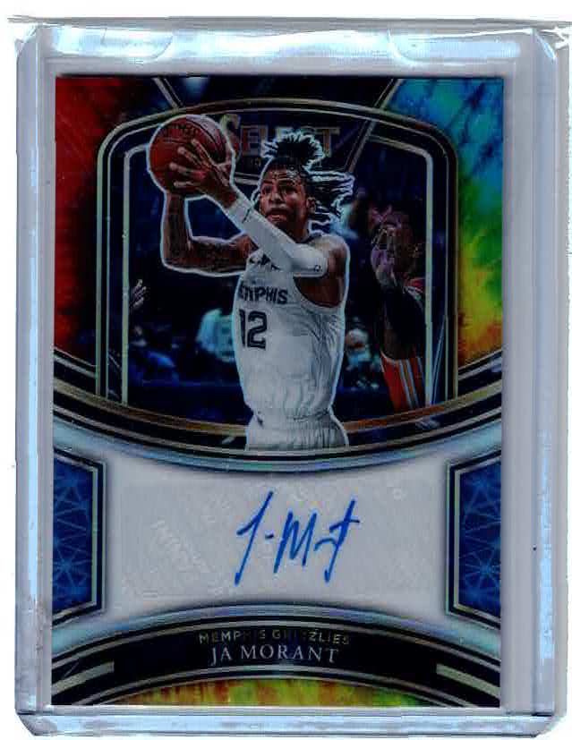 2020-21 SELECT JA MORANT TIE DYE PRIZM SIGNATURE AUTO 15/25 MEMPHIS GRIZZ MVP
