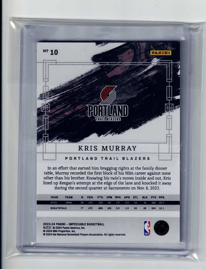 2023-24 KRIS MURRAY base PANINI IMPECCABLE ROOKIE RC #10