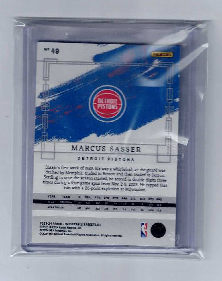 2023-24 MARCUS SASSER PANINI IMPECCABLE ROOKIE RC #49 red base