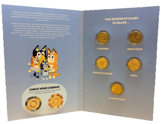 2026 Bluey $2 5-Coin Set + 2 Colour Coin fr Till + Official Folder Total 7 coins