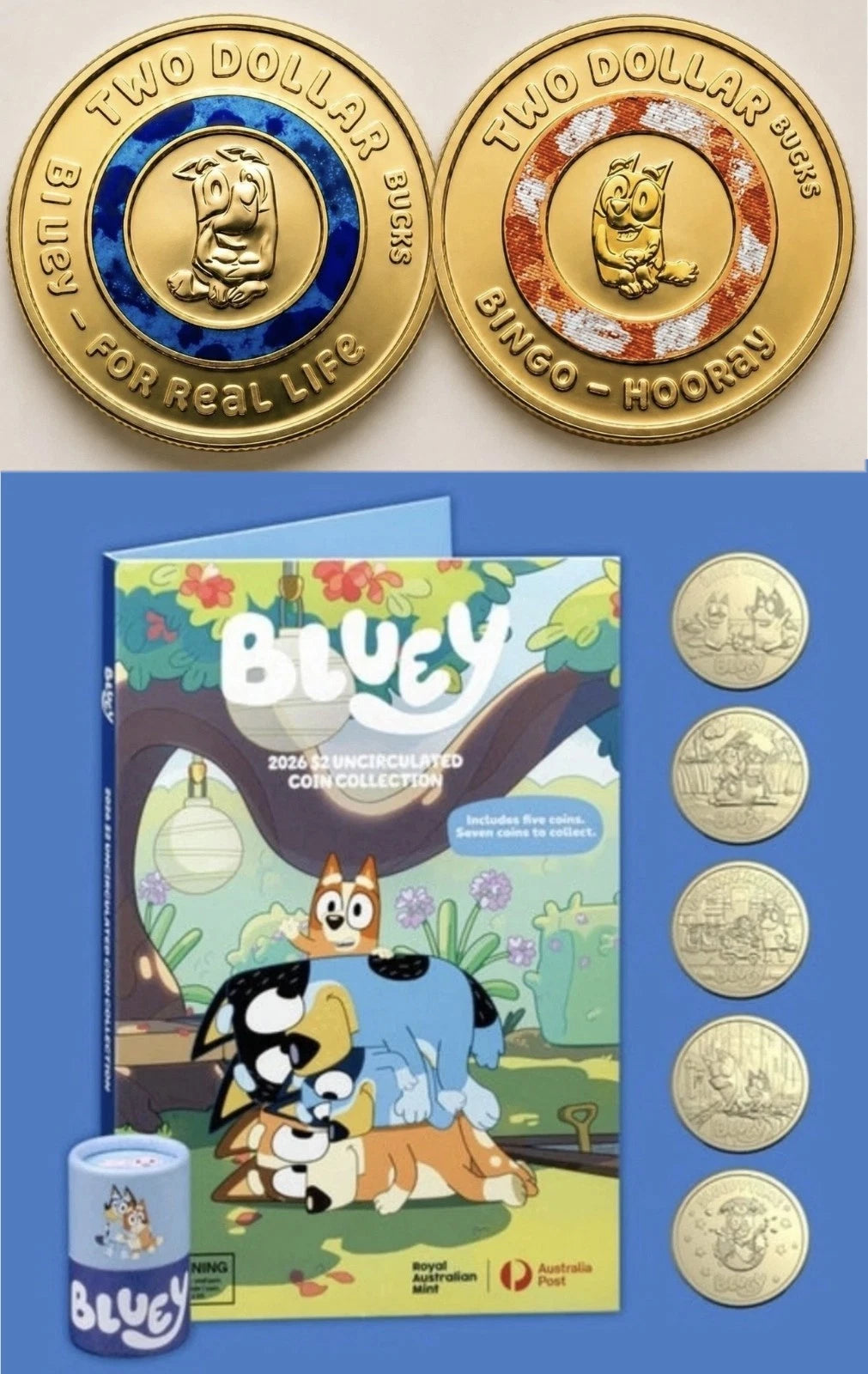 2026 Bluey $2 5-Coin Set + 2 Colour Coin fr Till + Official Folder Total 7 coins